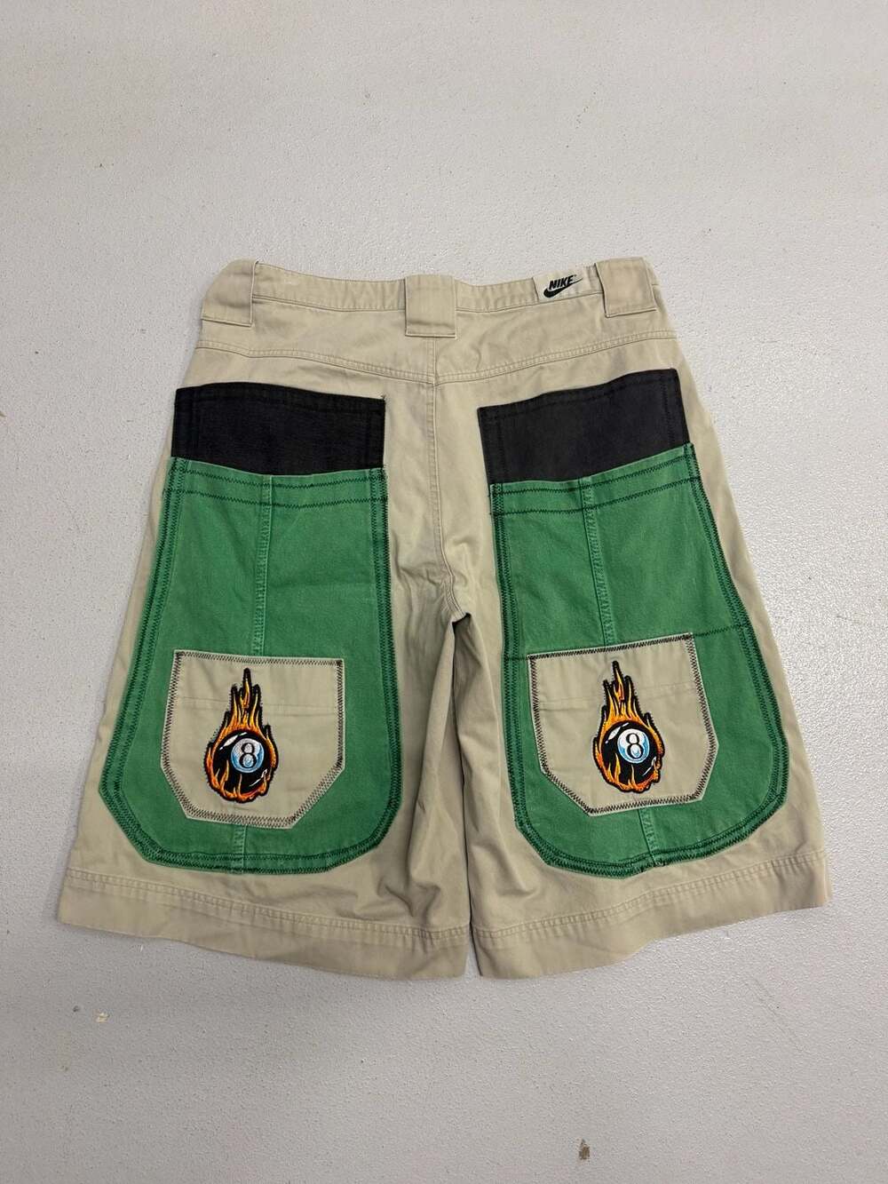 Vintage 00s Nike 8-Ball Flame Patchwork Reworkes Canvas Cargo Shorts